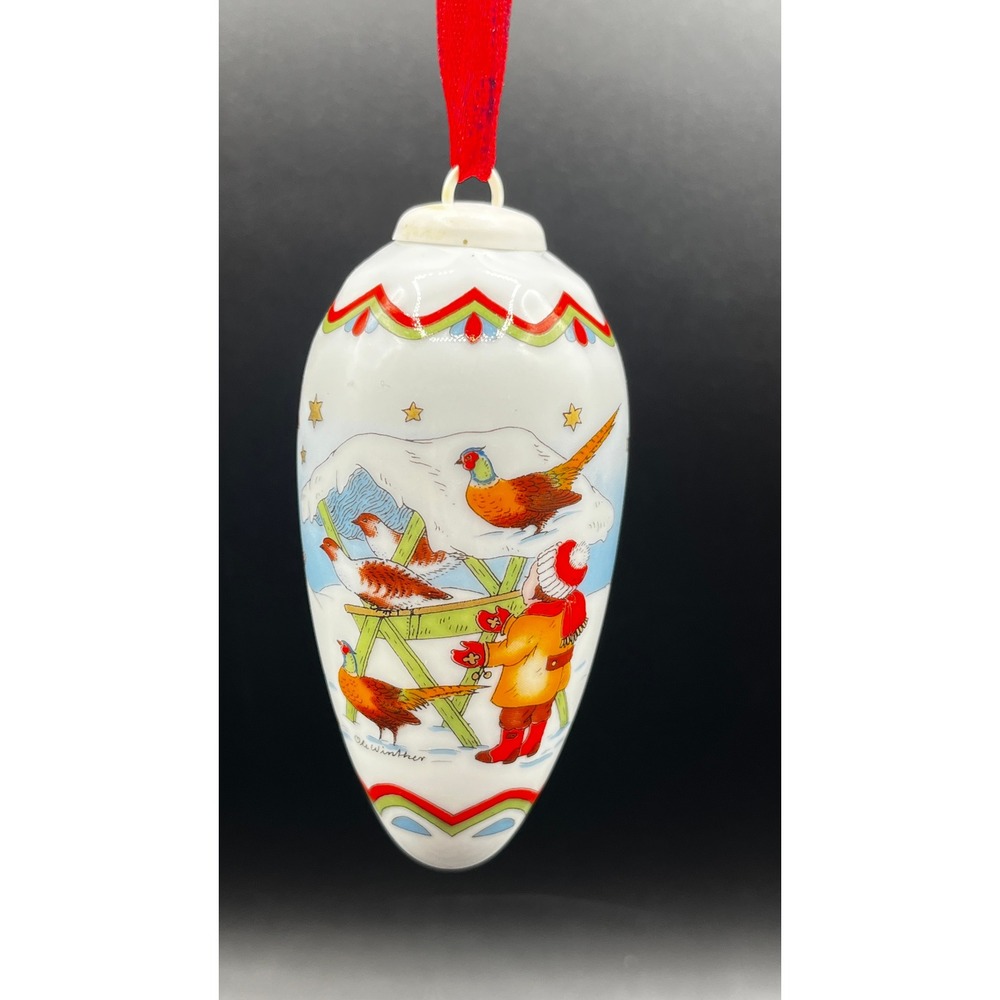 Hutschenreuther 2001 Porcelain Pinecone Ornament Ole Winther Winter Scene Ribbon